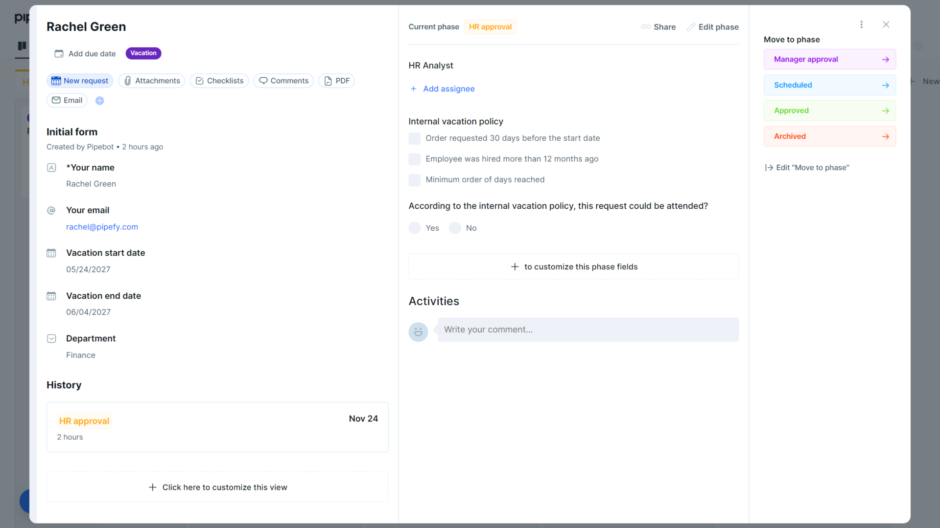 Vacation Request Process Template [Free] | Pipefy