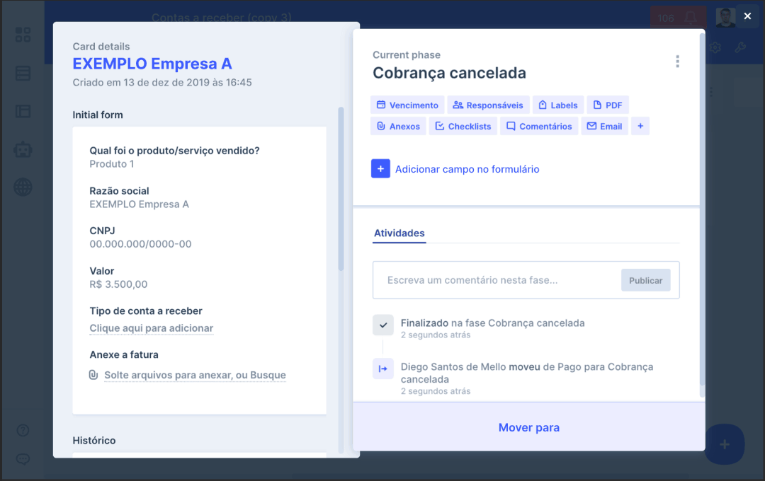 Com o contas a receber crie cards de cobrança cancelada.
