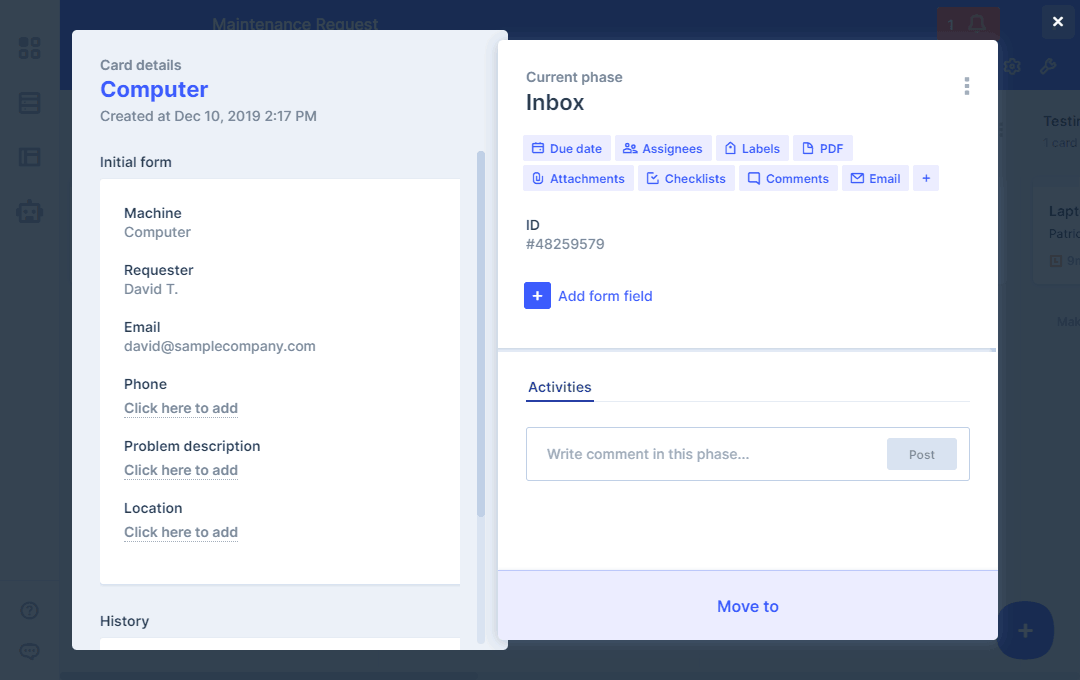 Screenshot of inbox phase of the Maintainance Request process on Pipefy.