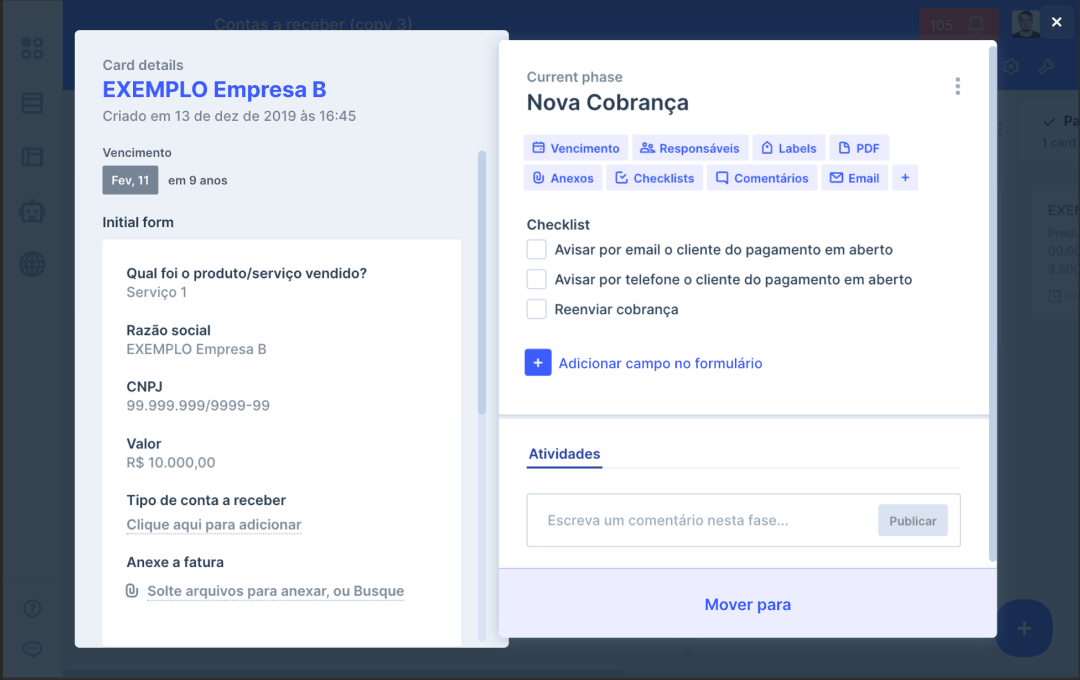 Com o modelo de contas a receber crie cards de cobrança.