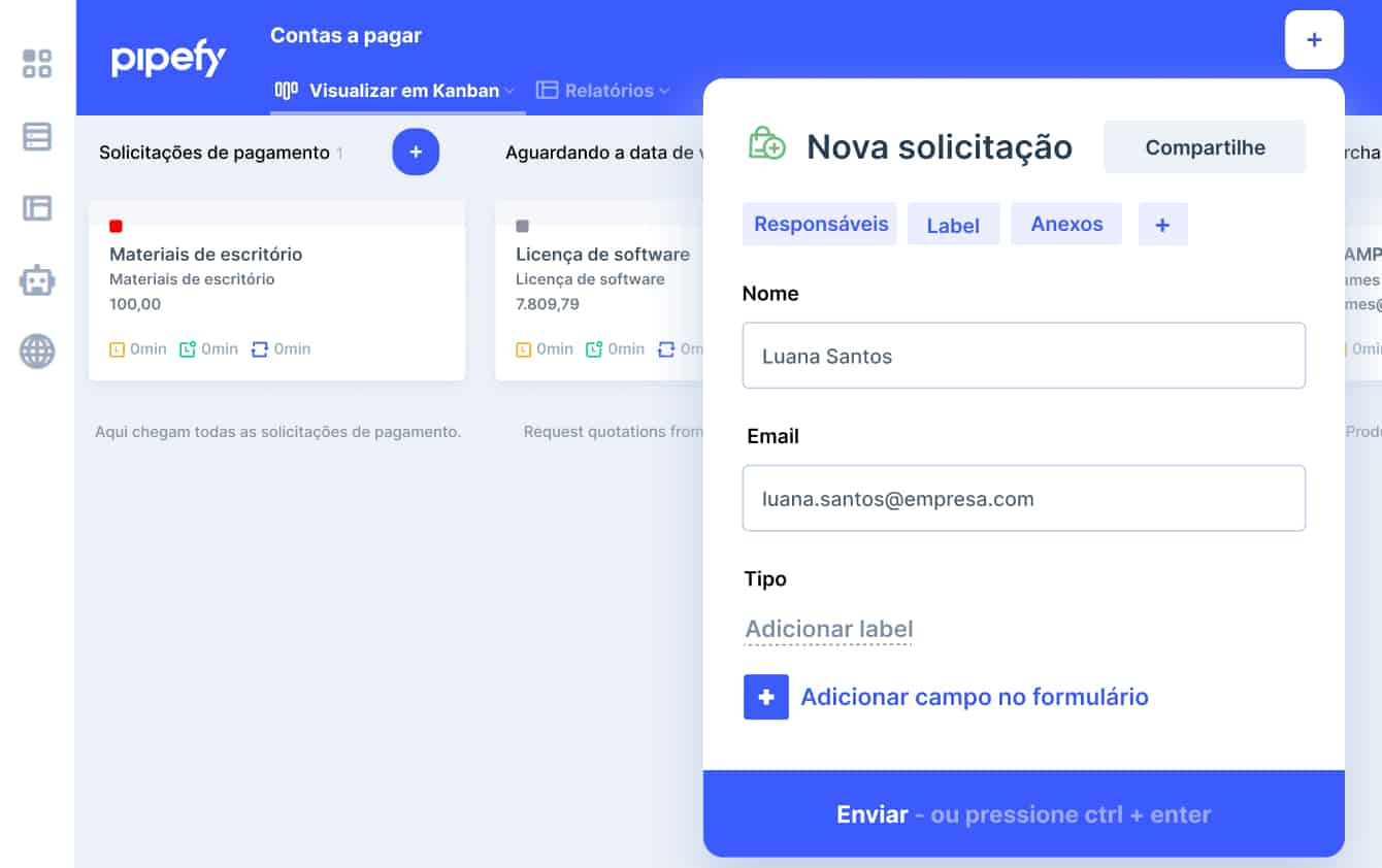 nova solicitação de contas a pagar