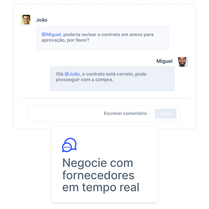 Uma janela de chat na qual dois colaboradores do departamento financeiro conversam sobre a aprovação de um contrato, ilustrando o recurso do Pipefy que permite negociar com fornecedores em tempo real. 