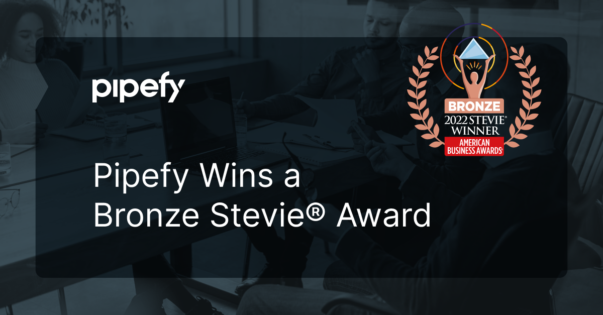 Image shows Pipefy's logo and the Stevie Awards logo