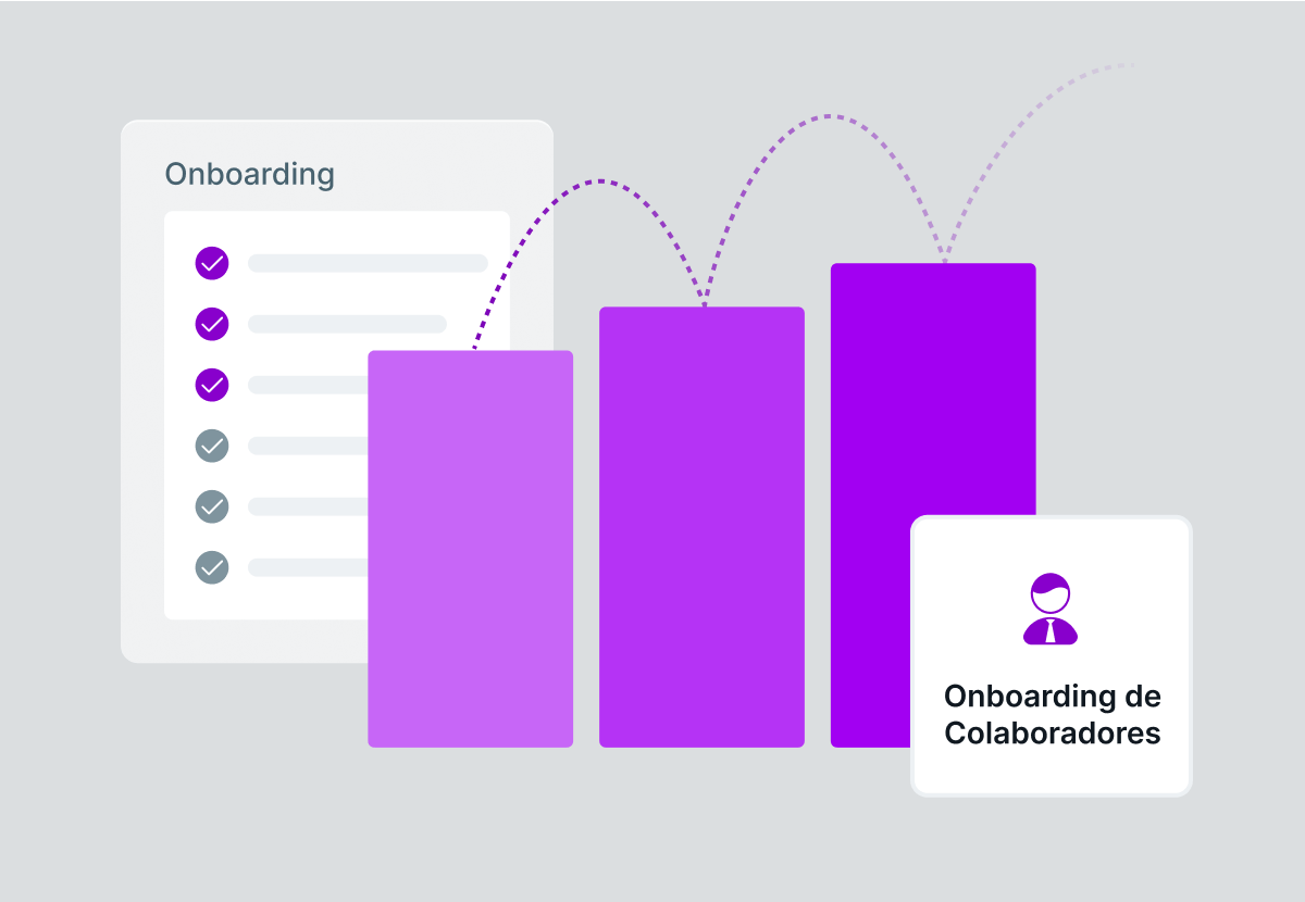 Ilustração com elementos geométricos retangulares. No canto superior direito está escrito "Onboarding" e no canto inferior esquerdo está escrito "Onboarding de Colaboradores".