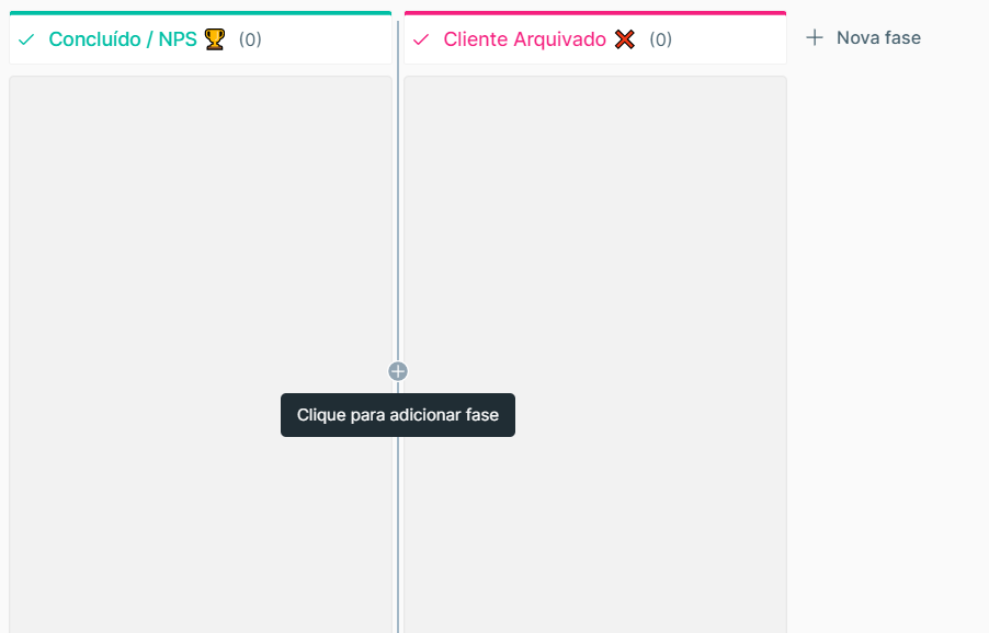 Print que mostra como o Pipefy possibilita adicionar, deletar e customizar fases para que seu onboarding de clientes torne-se cada vez mais completo e eficiente.