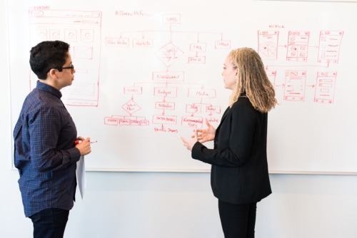 Two female-appearing people dressed in office clothes look at a whiteboard on which a diagram is drawn. The person on the left has a marker on her hand, while the person on the right gestures with both hands, as if trying to convey her impressions about the diagram.