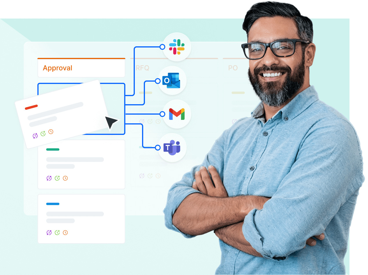 Graphical representation of Pipefy's purchasing software with a man beside it