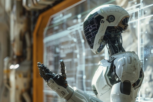 A humanoid white robot engaging in a tech-centered environment, with digital screens and schematics in the background.