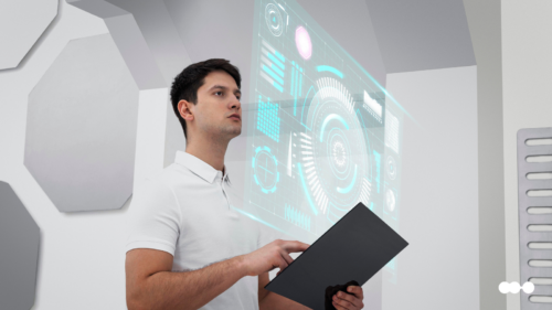 Profissional interagindo com dashboard digital em ambiente corporativo, representando a automação com agentes de IA em processos corporativos