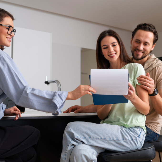 Couple reviewing lease documents with a property manager during the tenant onboarding process