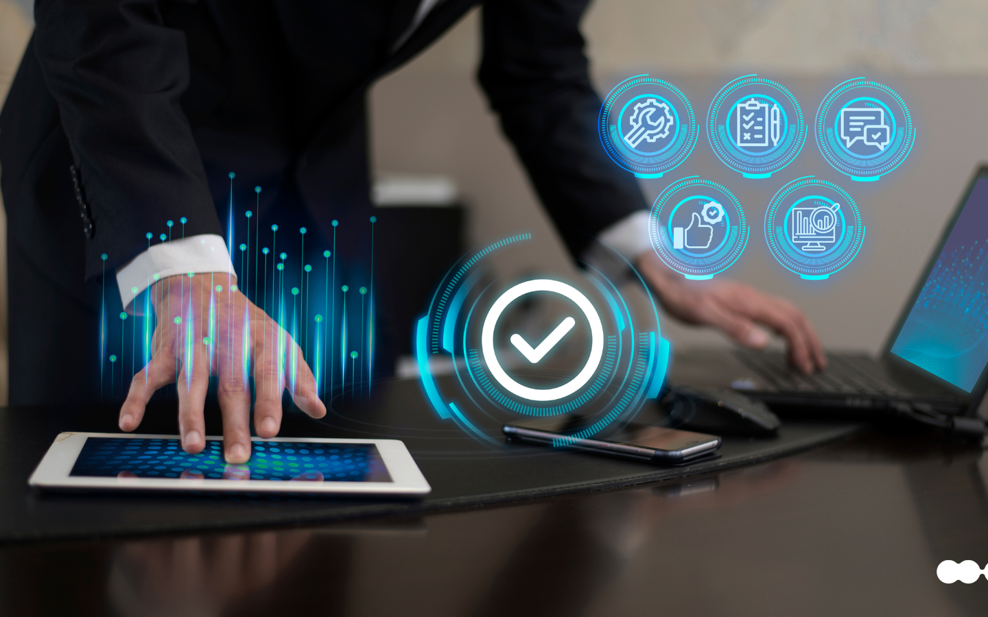 A person in a suit managing tasks on multiple devices, showing the measurable benefits of AI Agents through digital icons of automated business processes