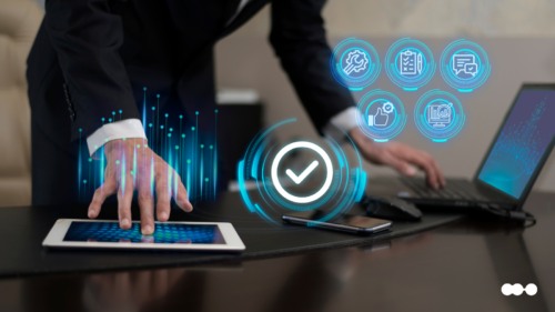 A person in a suit managing tasks on multiple devices, showing the measurable benefits of AI Agents through digital icons of automated business processes