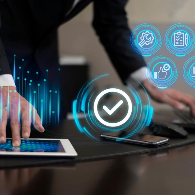 A person in a suit managing tasks on multiple devices, showing the measurable benefits of AI Agents through digital icons of automated business processes