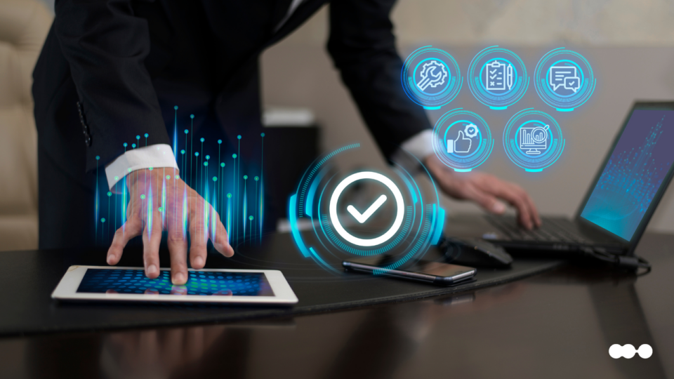 A person in a suit managing tasks on multiple devices, showing the measurable benefits of AI Agents through digital icons of automated business processes