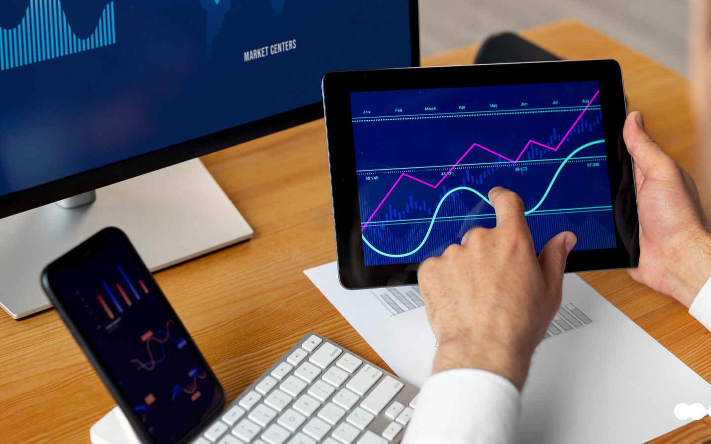 Financial services trends illustrated by a digital candlestick chart with buy and sell signals, over a businessperson using a tablet