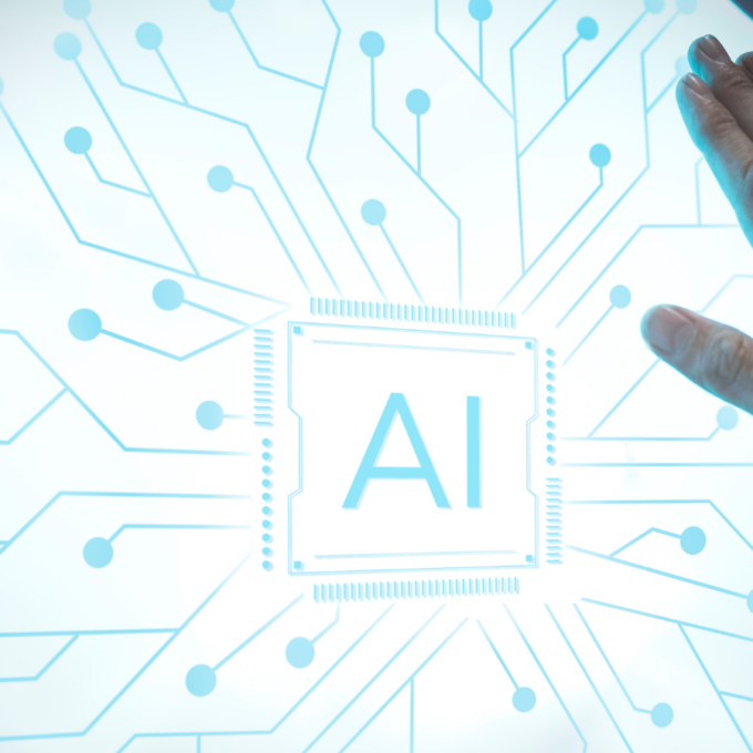 Mão interagindo com uma tela que exibe um chip de Inteligência Artificial, ilustrando as tendências de IA para automação