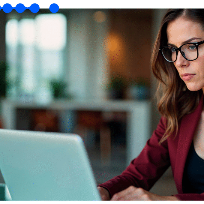 Executive reviewing business process automation (BPA) workflows powered by AI on a laptop in a corporate environment