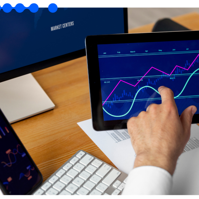 Illustration showing charts and digital icons representing financial services trends for 2025, including technology innovation and industry transformation