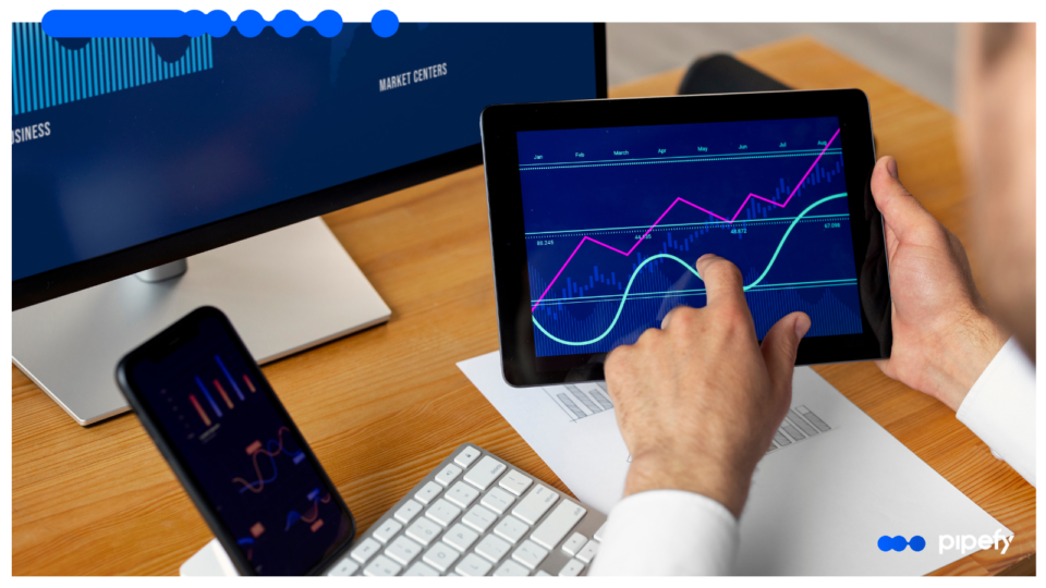 Illustration showing charts and digital icons representing financial services trends for 2025, including technology innovation and industry transformation
