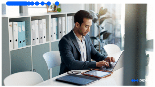 Business professional using laptop to manage risk profiling workflows in a modern office