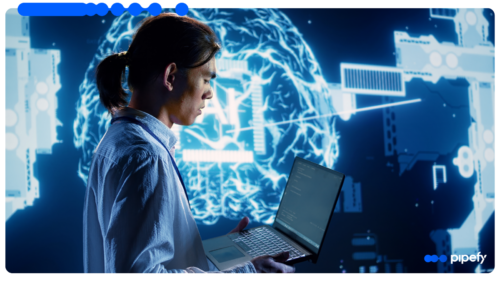 Profissional segura laptop diante de projeção digital de Inteligência Artificial, representando o uso de IA e machine learning em processos empresariais