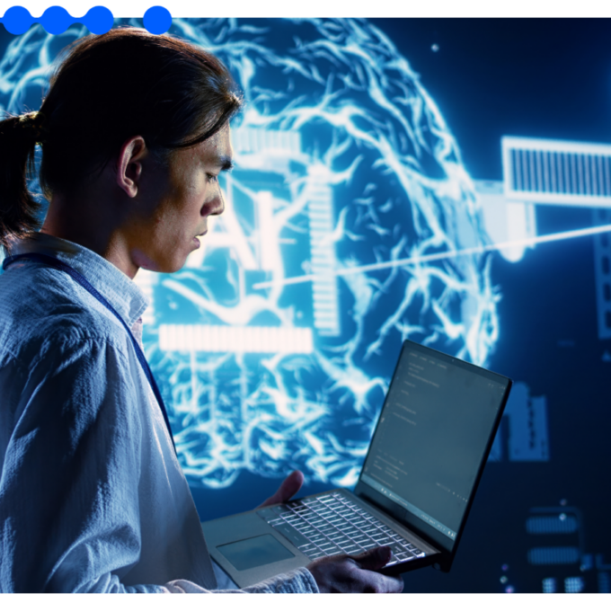 Profissional segura laptop diante de projeção digital de Inteligência Artificial, representando o uso de IA e machine learning em processos empresariais