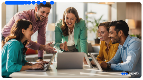 Equipe de negócios reunida com notebooks em um escritório, analisando dados juntos, representando o uso de sistemas de CRM na rotina comercial